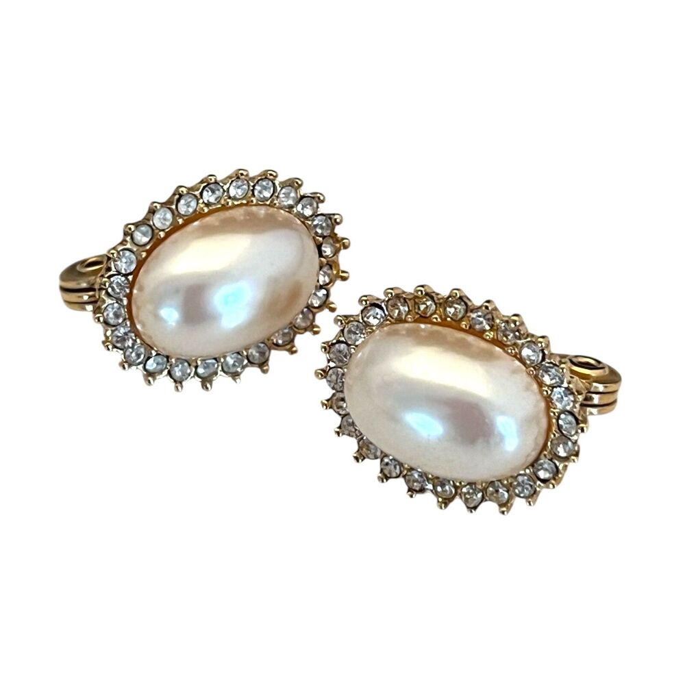 Vintage 1980s Monet Pearl Rhinestone Clip Earrings Gold Tone - 9M